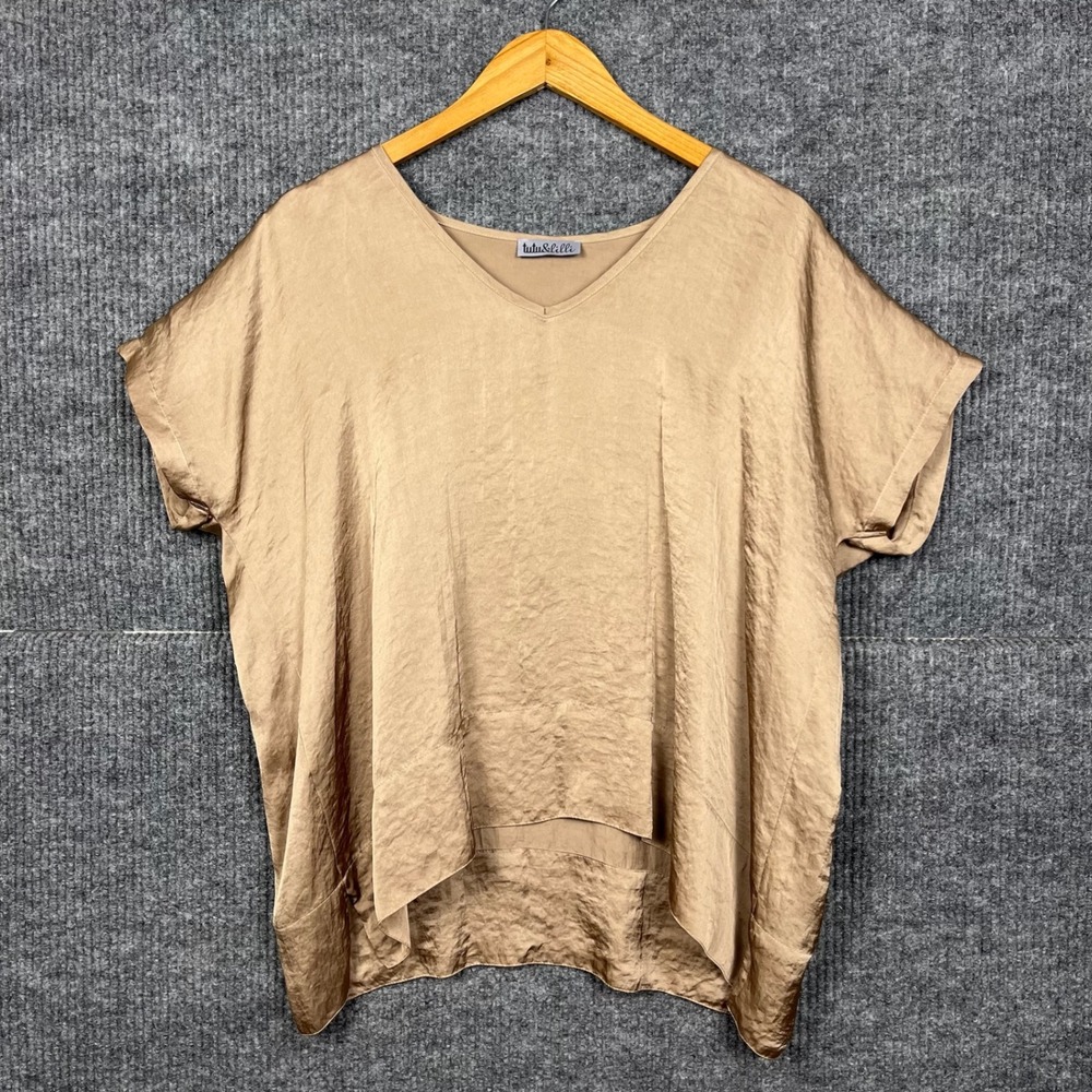 Satin Blouse Top Womens Small Tan Short Sleeve Quiet Luxury Euro Made in USA
